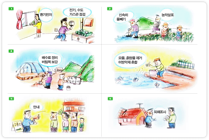 1. 먼저 창문을 열어 환기시킨후 전기,수도,가스관 점검 / 2. 즉시 농약을 살포하고 신속히 물빼기를 실시합니다. / 4.배수로 정비를 하고 버팀목을 보강합니다.  / 오물,흙탕물제거하고 어방약제를 사료에 혼합하여 먹입니다. / 5 .이재민은 읍면동에서 지정한 수용장소로 이동하고 구호요원의 안내에 협조합시다. / 6.피해를 입지 않은 주민들은 이재민 구호는 물론 무너진 가옥, 도로 등 응급복구에 참여합시다
